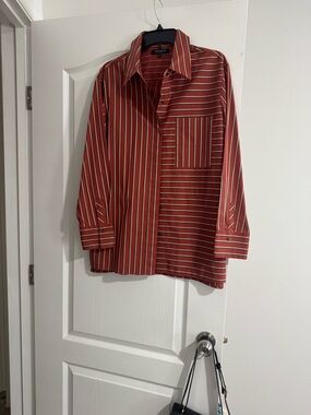Lafayette 148 New York Rust Red Striped Button-Down Shirt